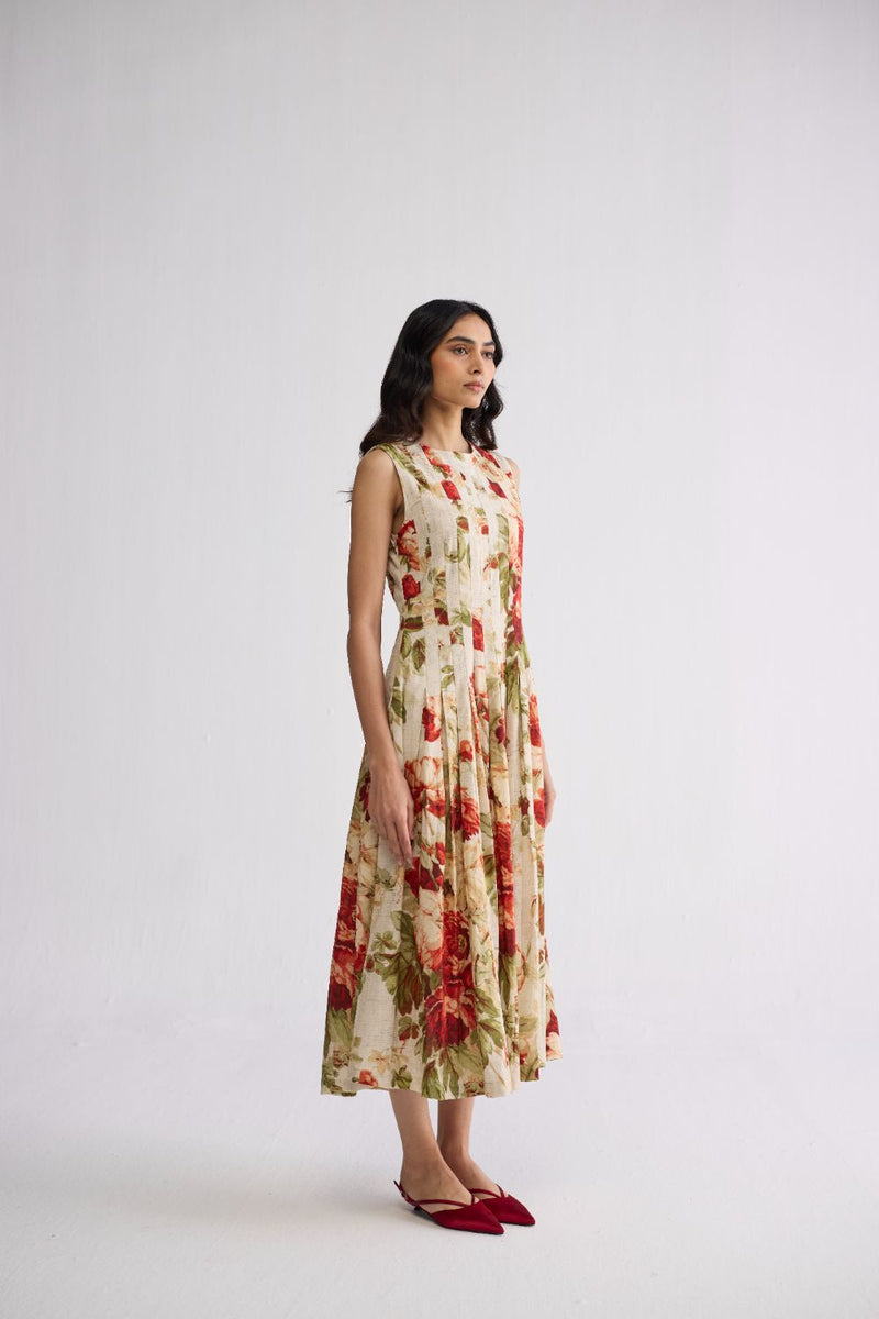 SAMA PLEATED DRESS poplin dress by YAM in beige & red for women Worldwide