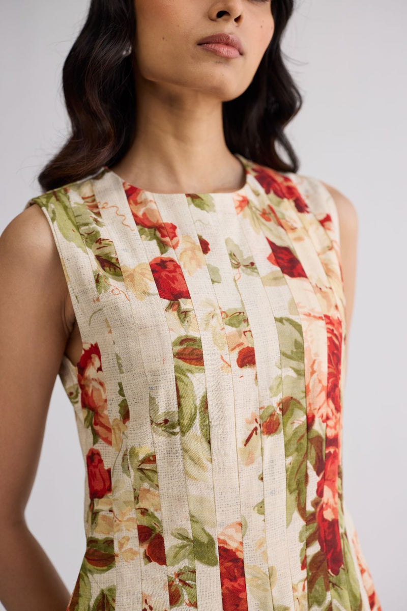 SAMA PLEATED DRESS poplin dress by YAM in beige & red for women Worldwide