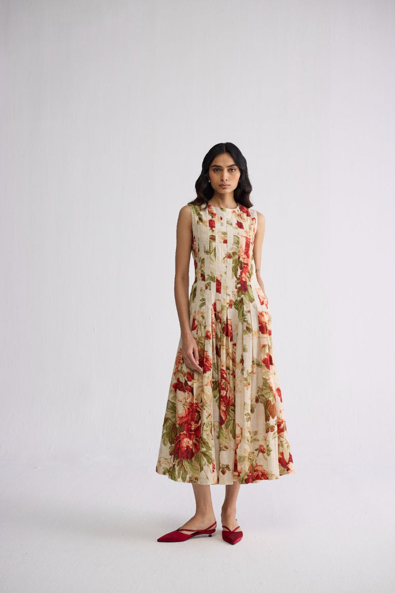 SAMA PLEATED DRESS poplin dress by YAM in beige & red for women Worldwide