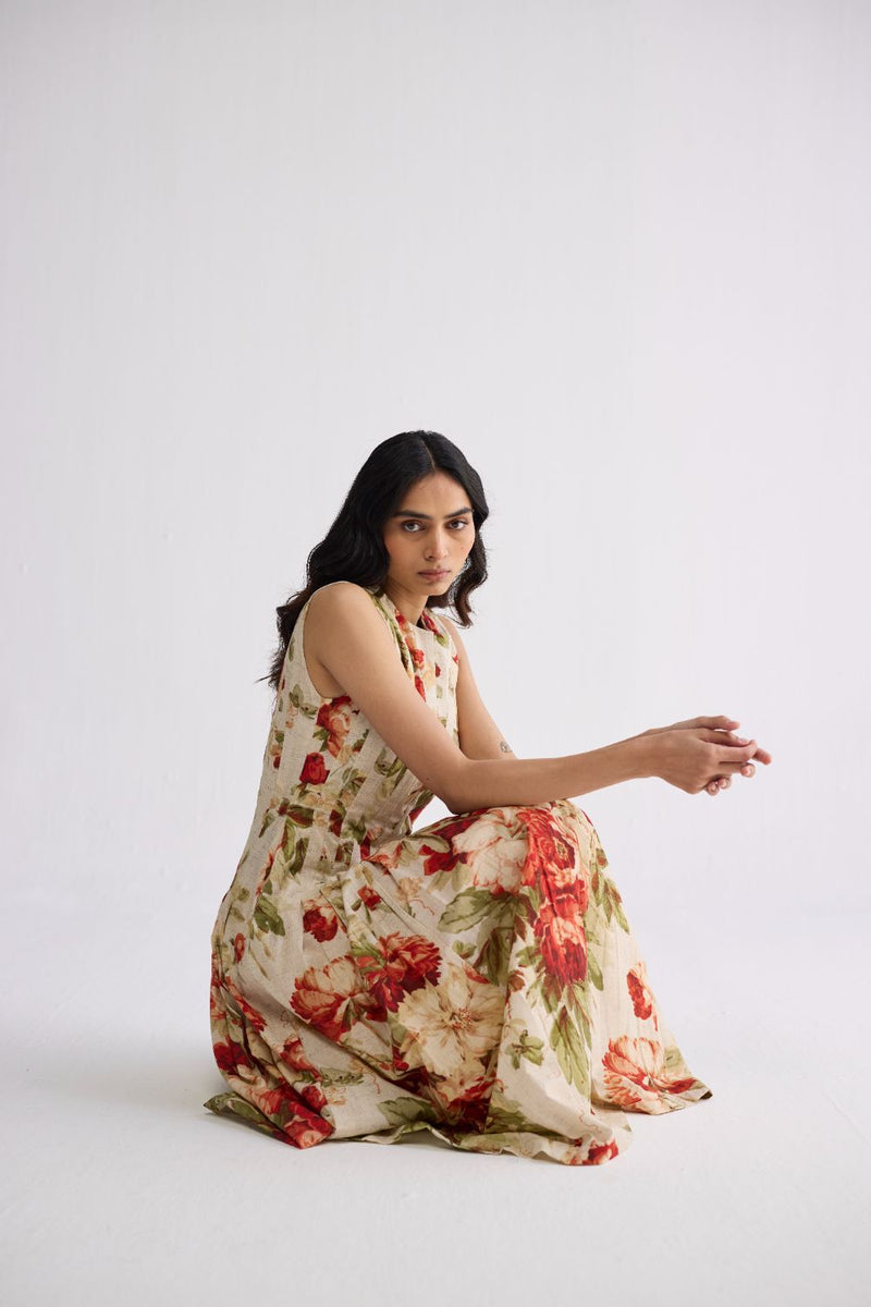 SAMA PLEATED DRESS poplin dress by YAM in beige & red for women Worldwide