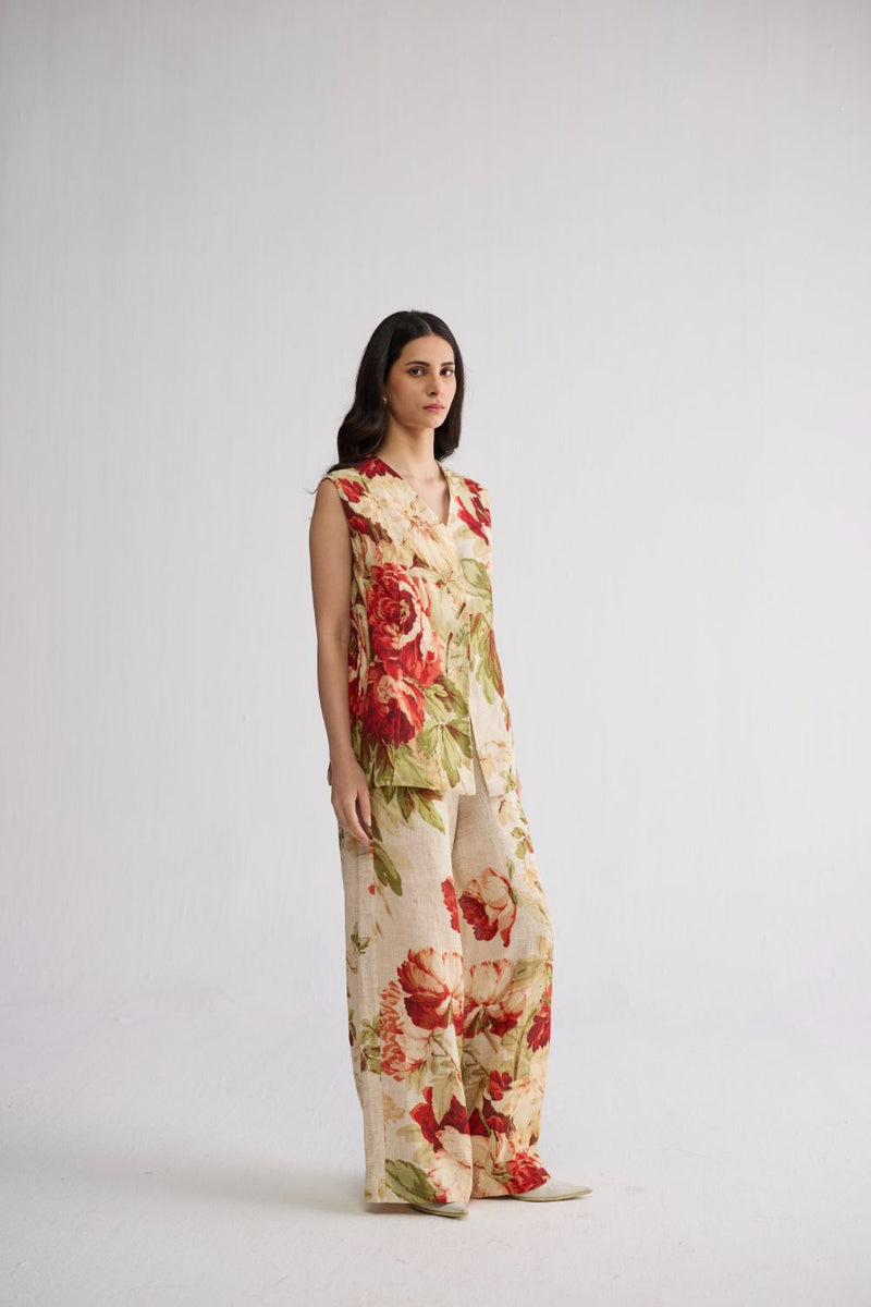 SAMA PANELLED WAISTCOAT & PANTS SET linen co-ord set by YAM in beige & red for women Worldwide