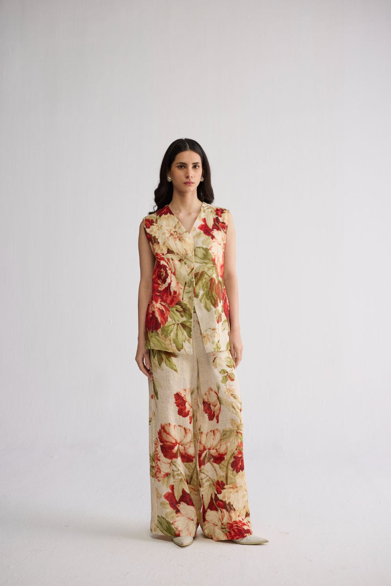 SAMA PANELLED WAISTCOAT & PANTS SET linen co-ord set by YAM in beige & red for women Worldwide