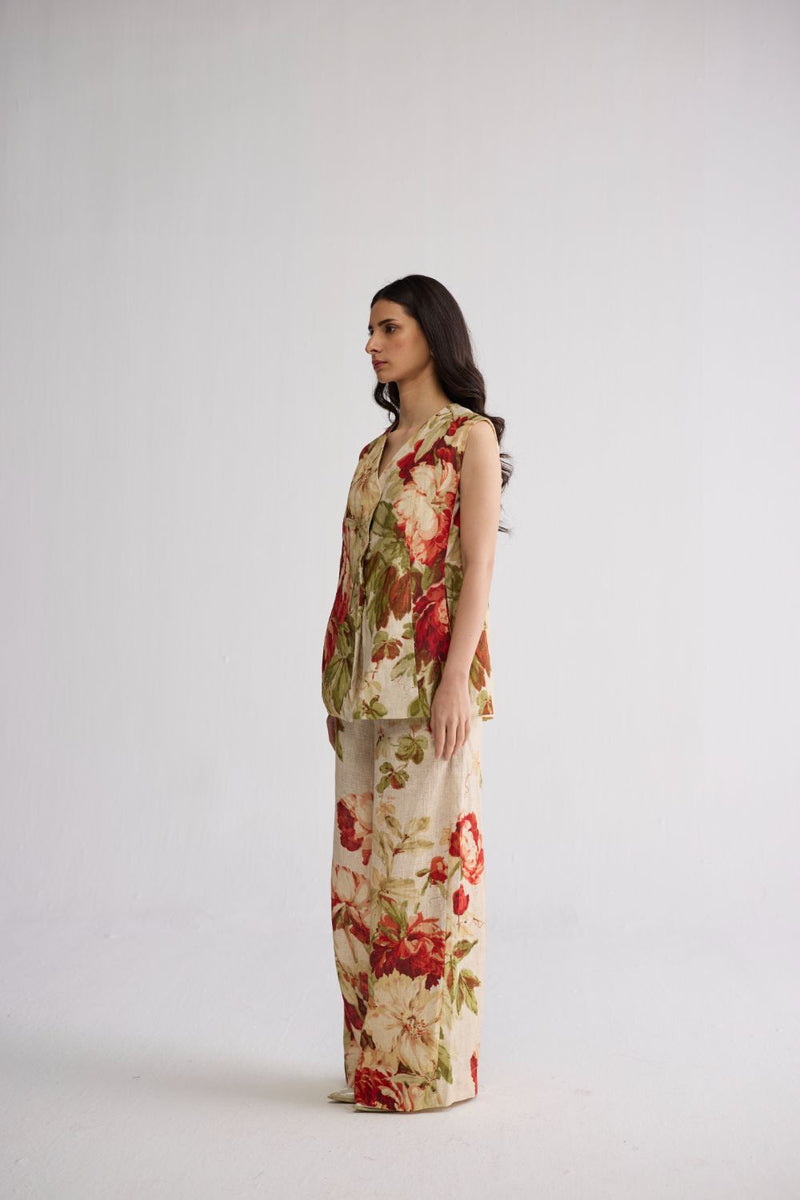SAMA PANELLED WAISTCOAT & PANTS SET linen co-ord set by YAM in beige & red for women Worldwide