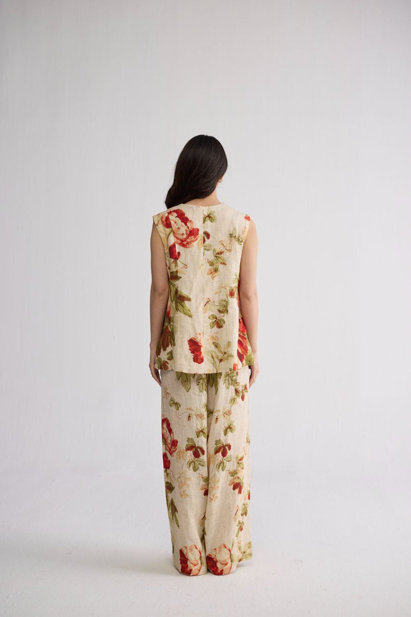 SAMA PANELLED WAISTCOAT & PANTS SET linen co-ord set by YAM in beige & red for women Worldwide