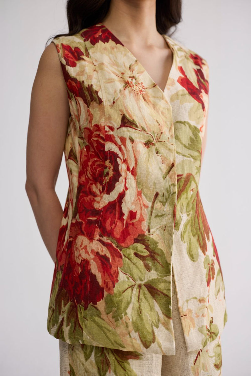 SAMA PANELLED WAISTCOAT & PANTS SET linen co-ord set by YAM in beige & red for women Worldwide