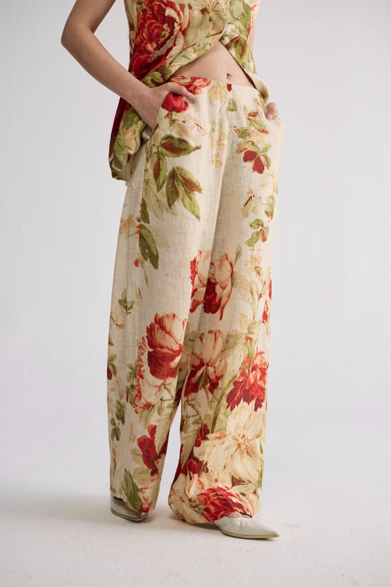 SAMA PANELLED WAISTCOAT & PANTS SET linen co-ord set by YAM in beige & red for women Worldwide
