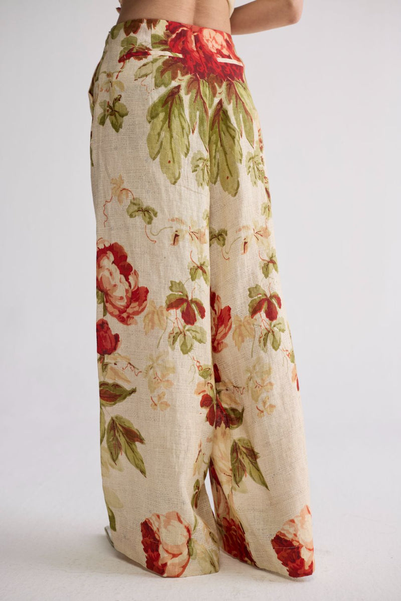 SAMA PANELLED WAISTCOAT & PANTS SET linen co-ord set by YAM in beige & red for women Worldwide
