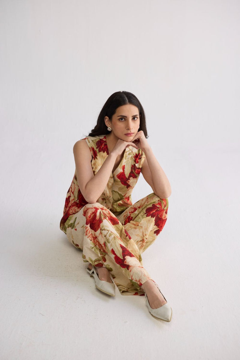 SAMA PANELLED WAISTCOAT & PANTS SET linen co-ord set by YAM in beige & red for women Worldwide