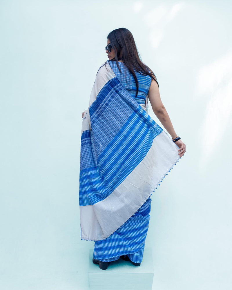 Indigo Grace Saree cotton,gamcha saree by 145 East in white, blue for women Worldwide