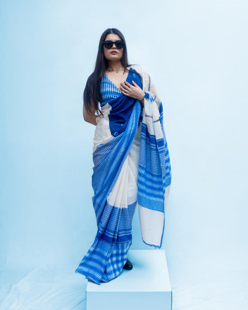 Indigo Grace Saree cotton,gamcha saree by 145 East in white, blue for women Worldwide