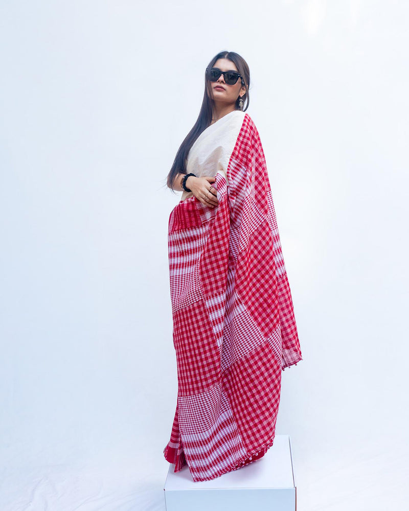 The Festive Fiesta Saree cotton,gamcha saree by 145 East in white, red for women Worldwide