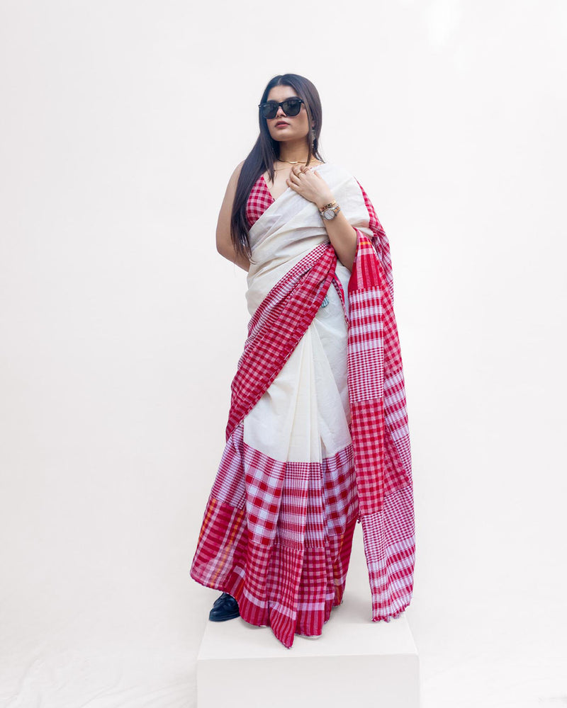 The Festive Fiesta Saree cotton,gamcha saree by 145 East in white, red for women Worldwide