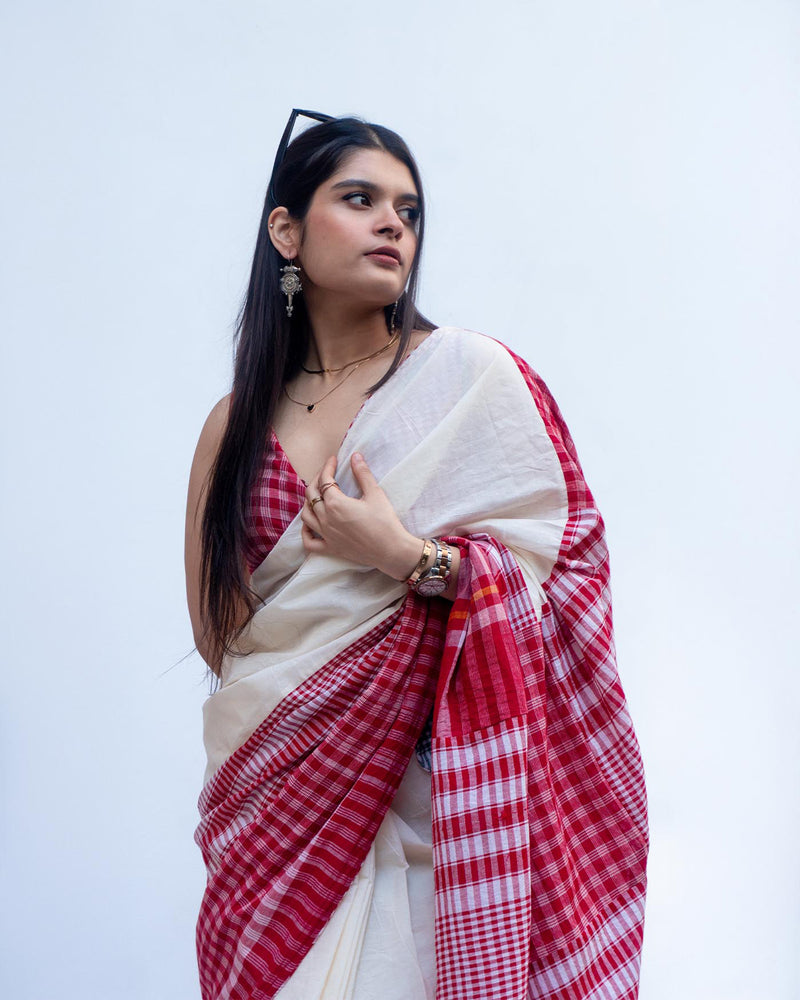 The Festive Fiesta Saree cotton,gamcha saree by 145 East in white, red for women Worldwide