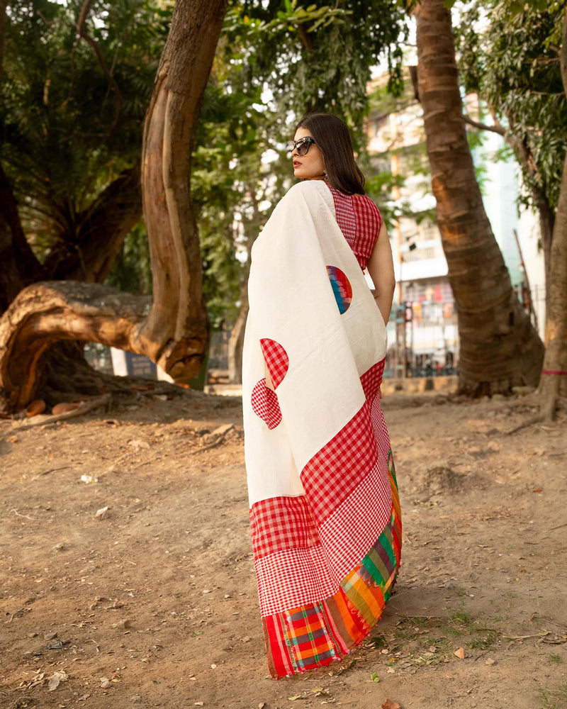 Dotted Fiesta Saree cotton,gamcha saree by 145 East in white, red, multicolour for women Worldwide