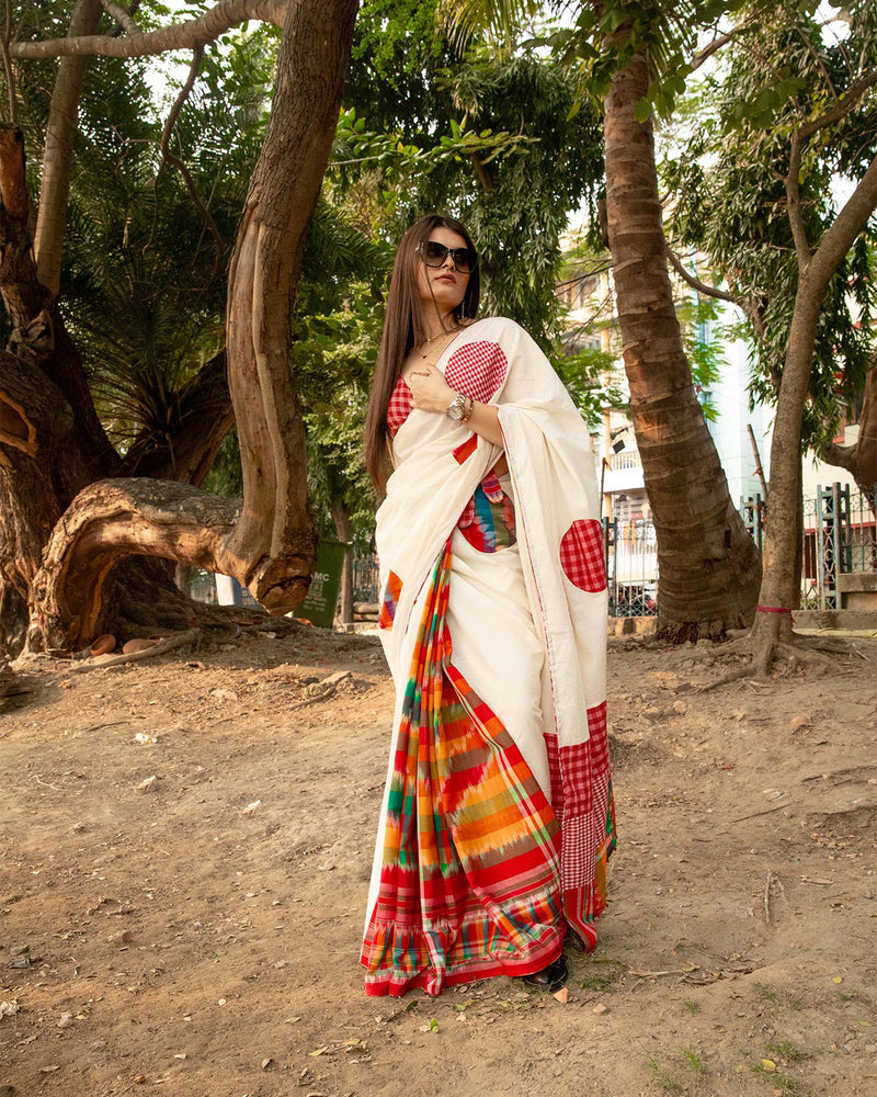 Dotted Fiesta Saree cotton,gamcha saree by 145 East in white, red, multicolour for women Worldwide