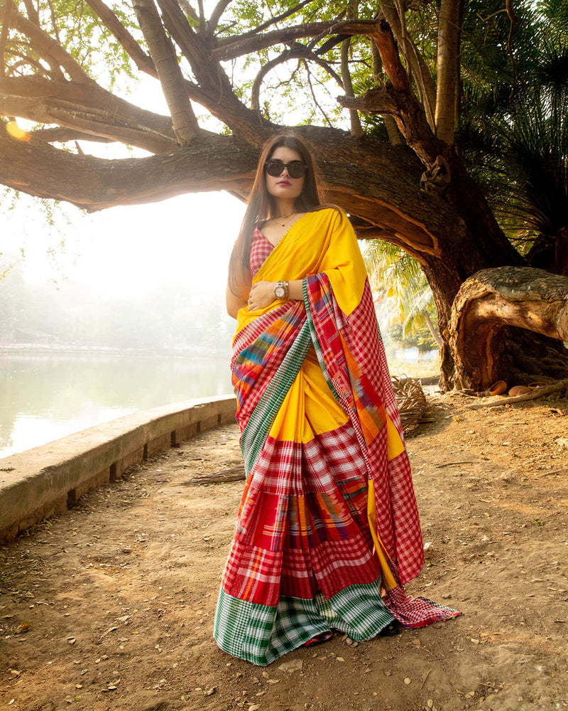 The Sunflower Saree cotton,gamcha saree by 145 East in yellow, red, multicolour for women Worldwide