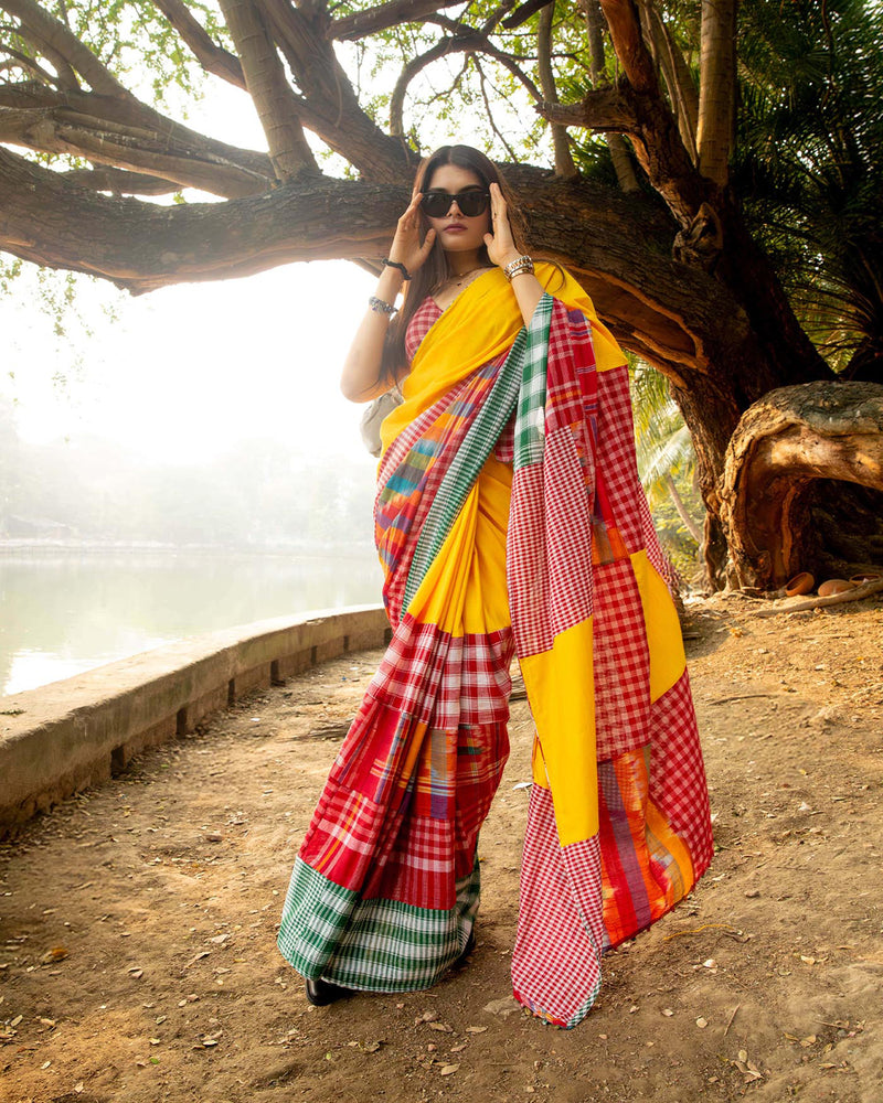 The Sunflower Saree cotton,gamcha saree by 145 East in yellow, red, multicolour for women Worldwide
