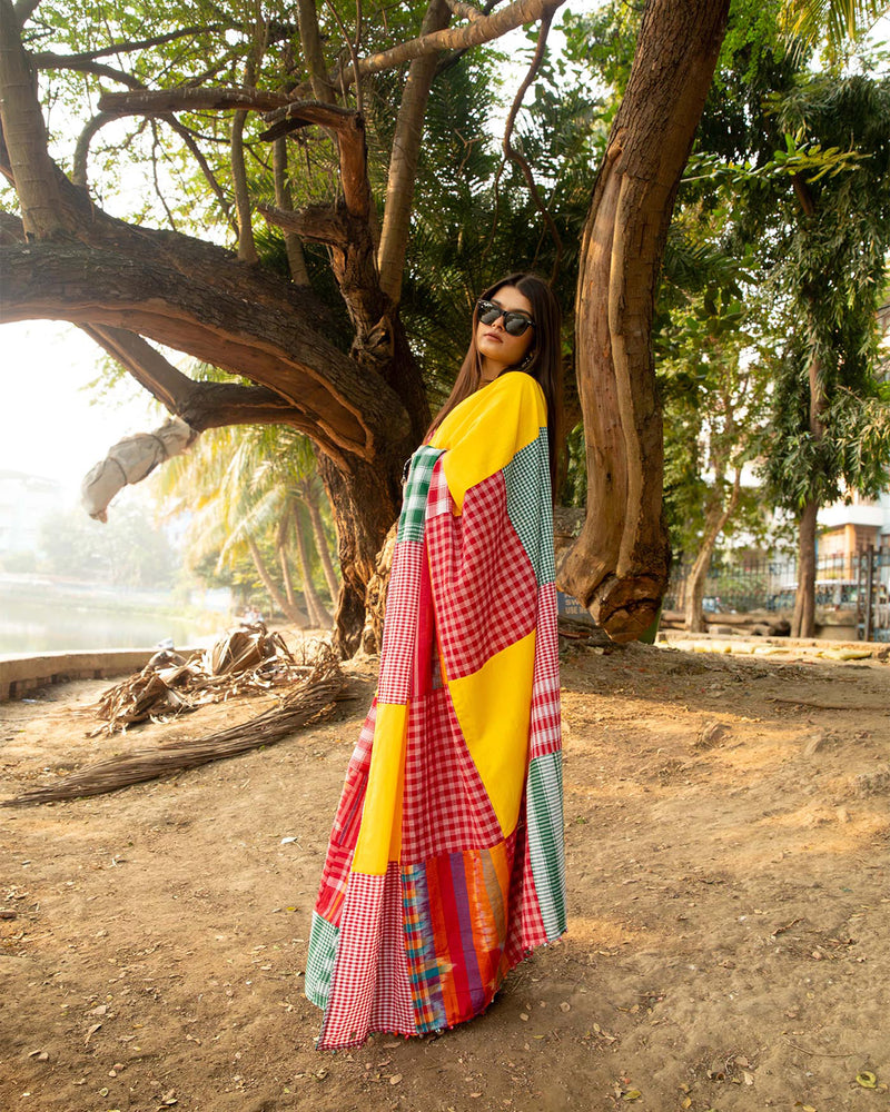 The Sunflower Saree cotton,gamcha saree by 145 East in yellow, red, multicolour for women Worldwide