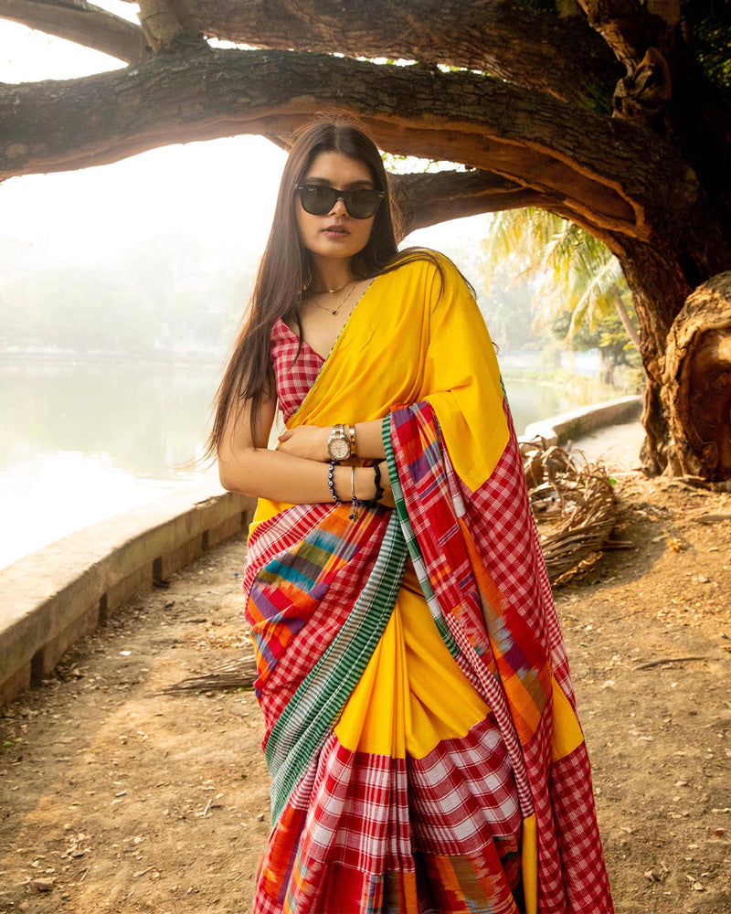 The Sunflower Saree cotton,gamcha saree by 145 East in yellow, red, multicolour for women Worldwide