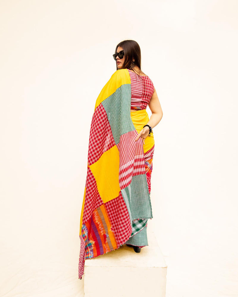 The Sunflower Saree cotton,gamcha saree by 145 East in yellow, red, multicolour for women Worldwide