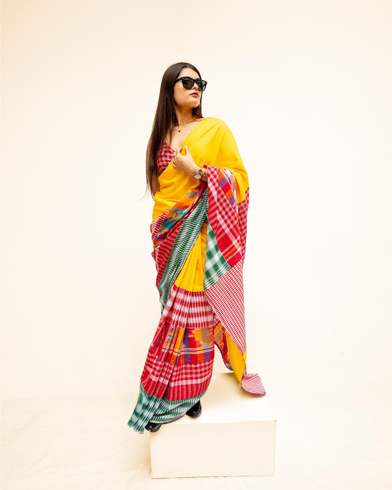 The Sunflower Saree cotton,gamcha saree by 145 East in yellow, red, multicolour for women Worldwide
