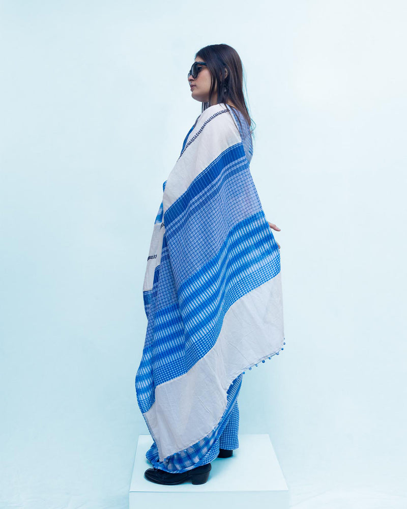 Indigo Grace Saree cotton,gamcha saree by 145 East in white, blue for women Worldwide