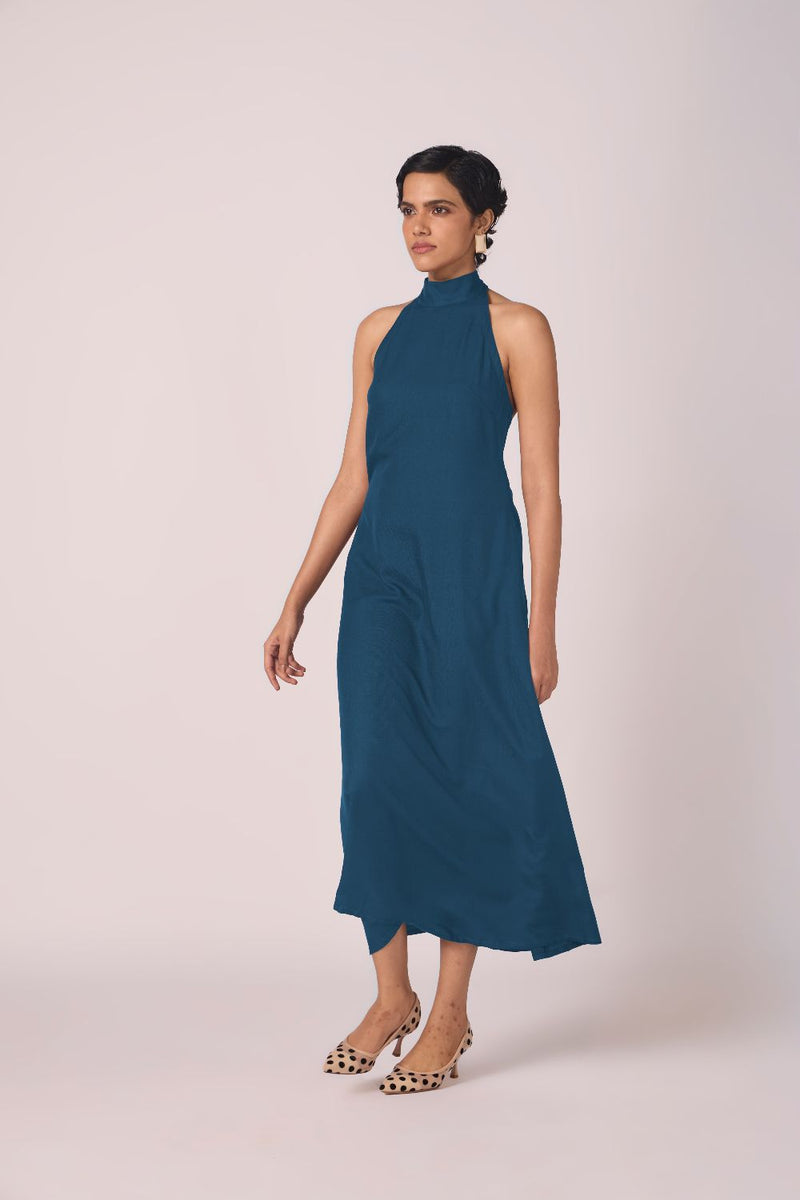 Saros Blue Silk Halter Dress silk by The Summer House in blue color for women Worldwide