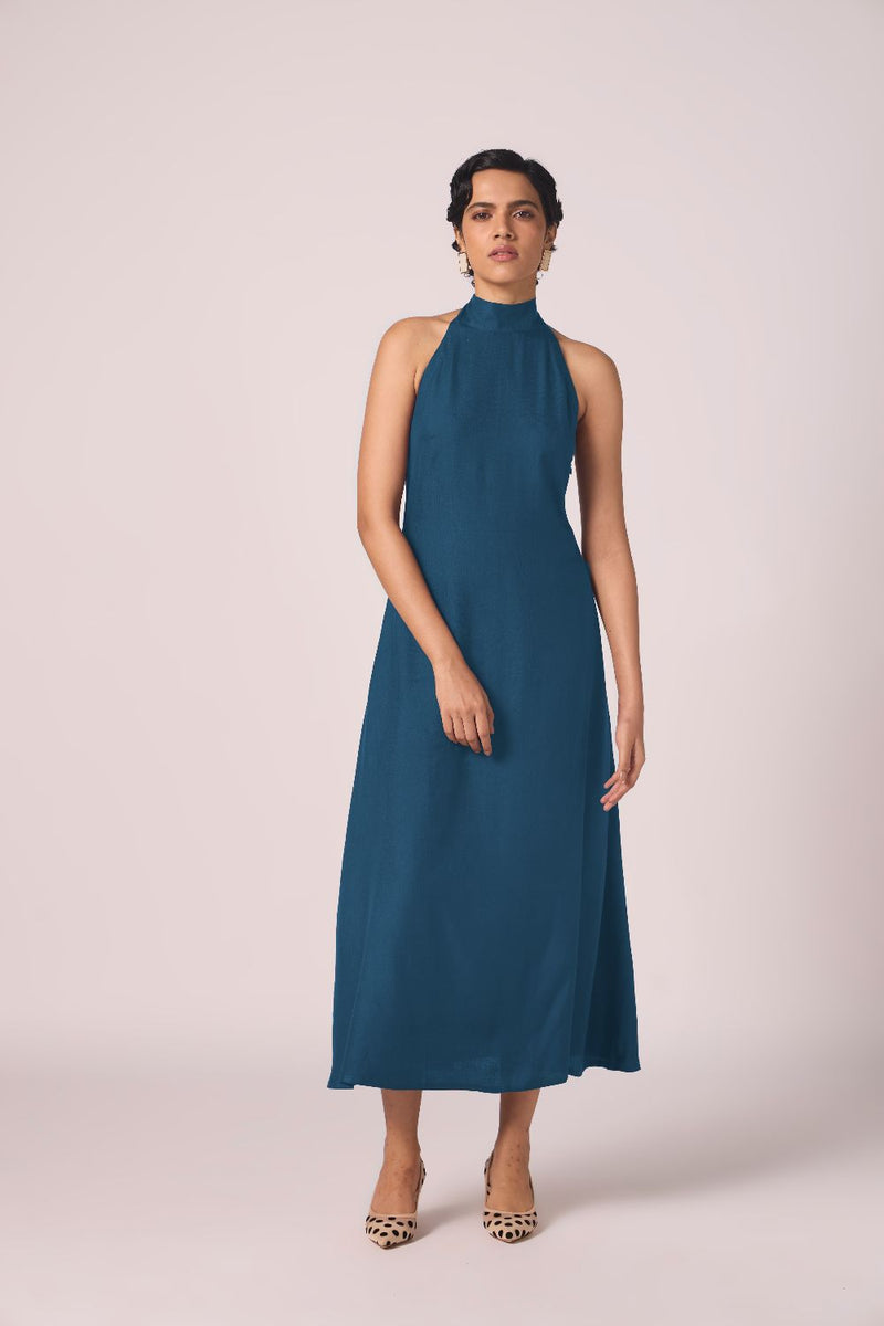 Saros Blue Silk Halter Dress silk by The Summer House in blue color for women Worldwide