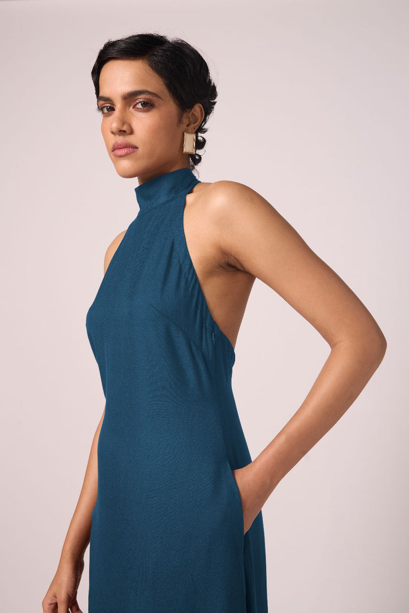 Saros Blue Silk Halter Dress silk by The Summer House in blue color for women Worldwide