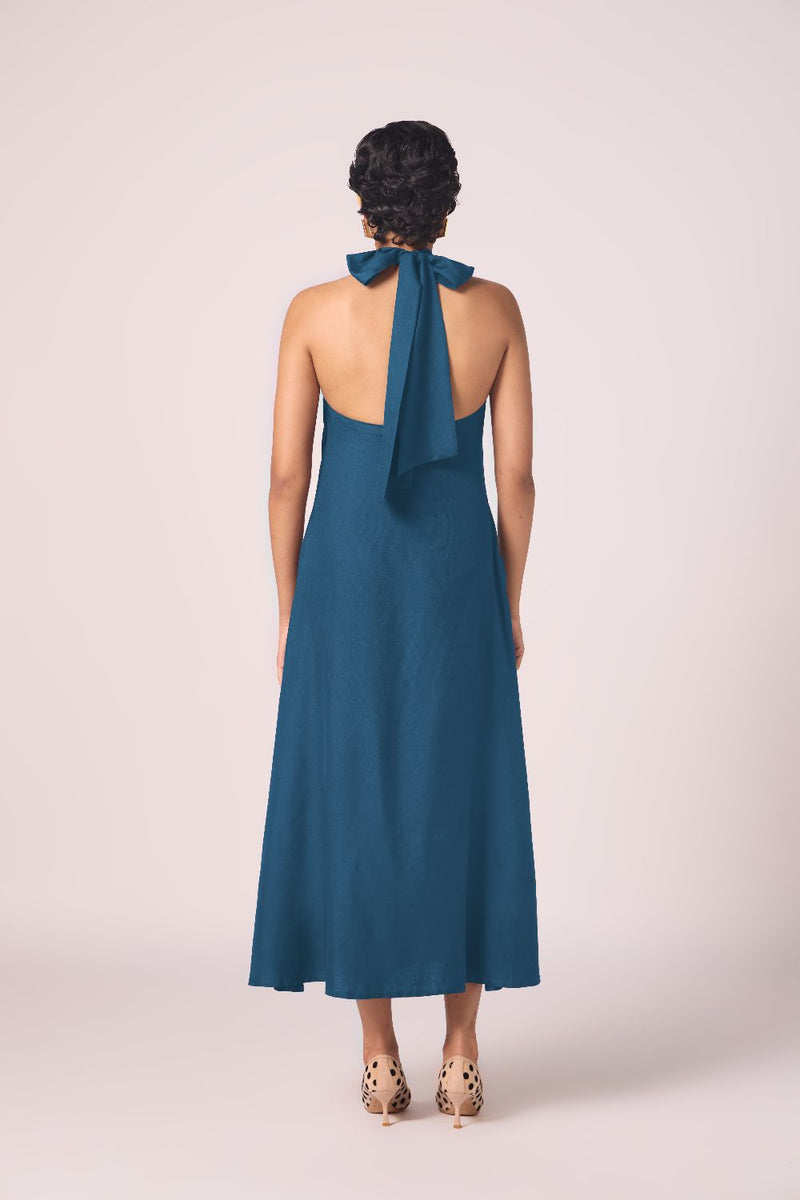 Saros Blue Silk Halter Dress silk by The Summer House in blue color for women Worldwide