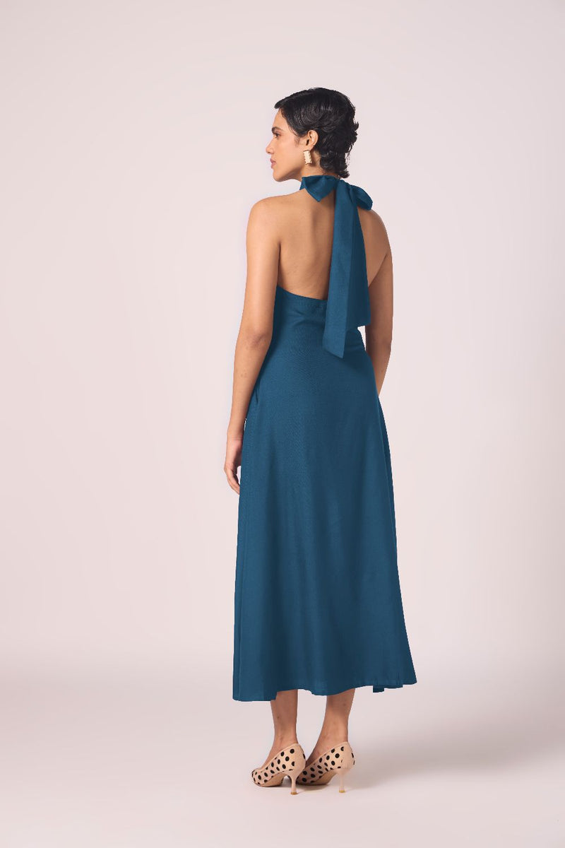 Saros Blue Silk Halter Dress silk by The Summer House in blue color for women Worldwide