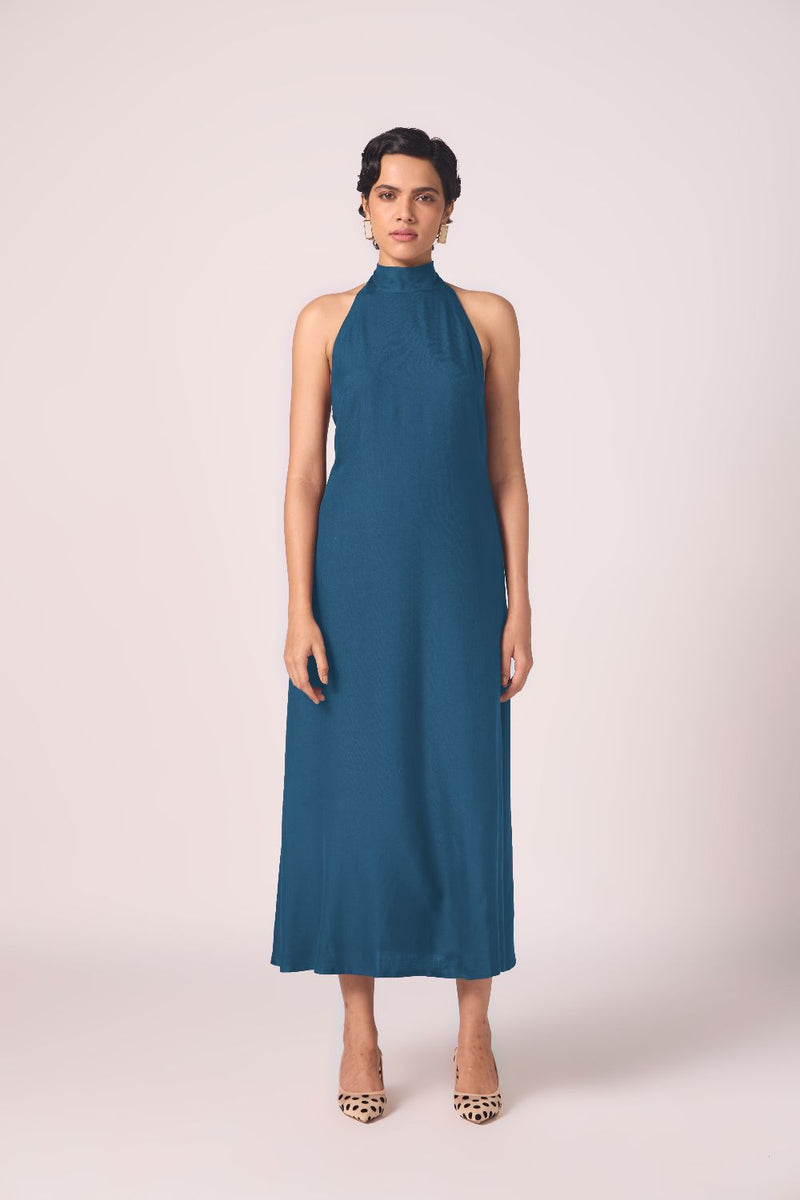 Saros Blue Silk Halter Dress silk by The Summer House in blue color for women Worldwide