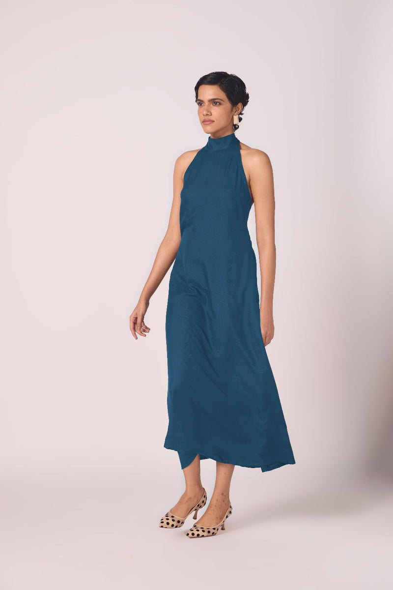 Saros Blue Silk Halter Dress silk by The Summer House in blue color for women Worldwide