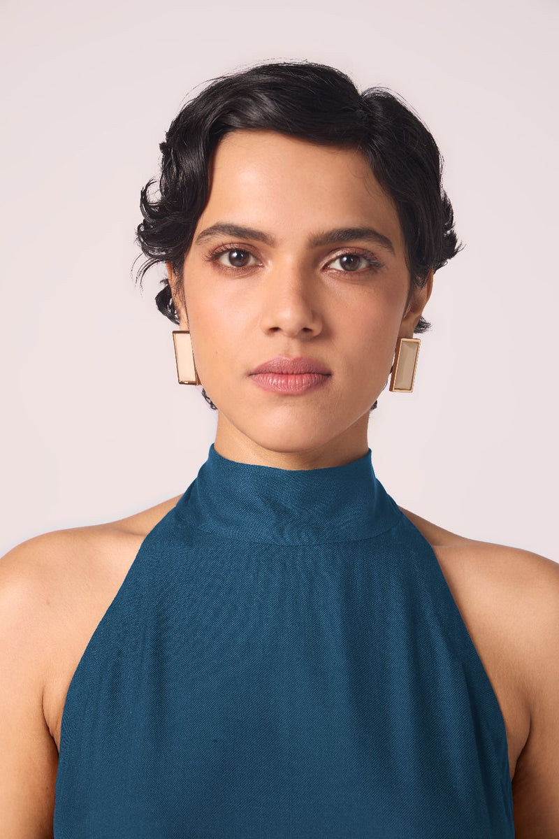 Saros Blue Silk Halter Dress silk by The Summer House in blue color for women Worldwide
