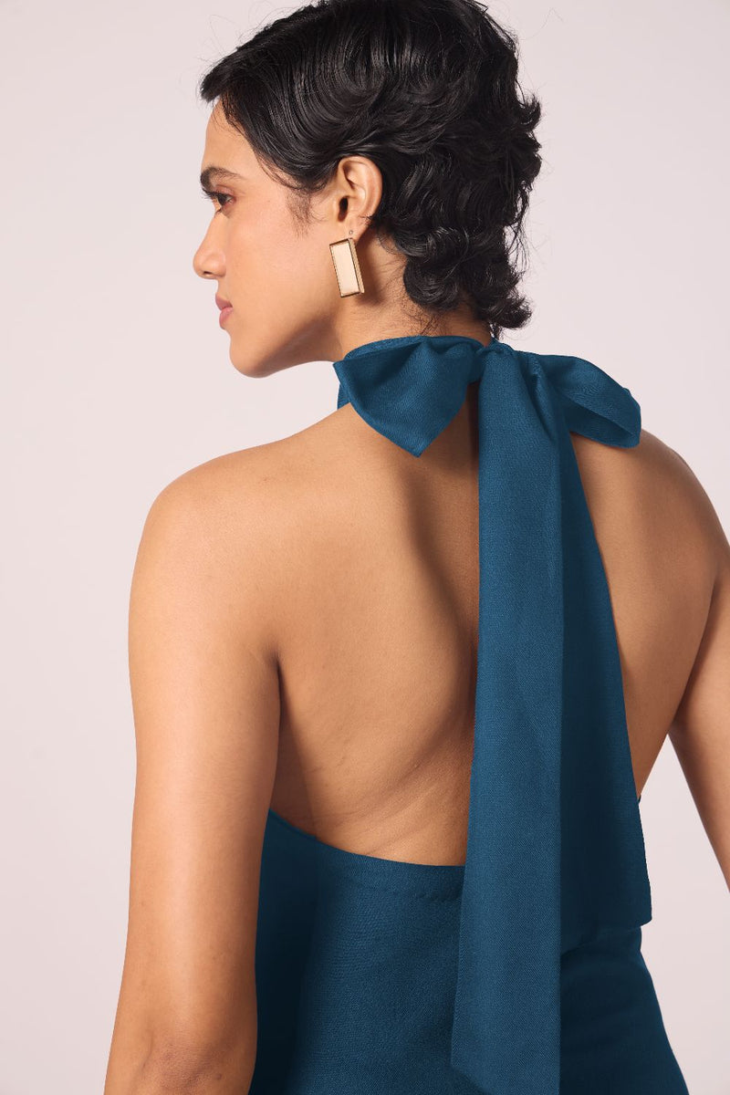 Saros Blue Silk Halter Dress silk by The Summer House in blue color for women Worldwide
