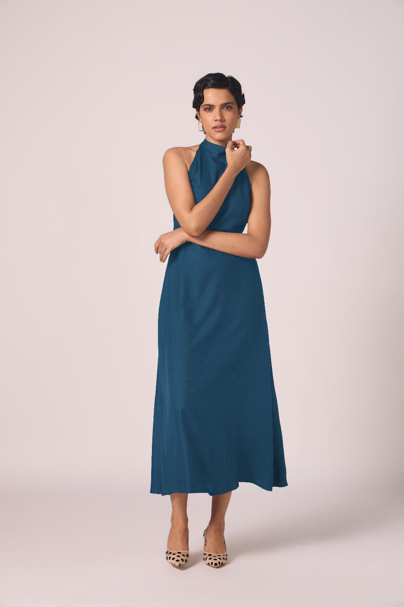 Saros Blue Silk Halter Dress silk by The Summer House in blue color for women Worldwide