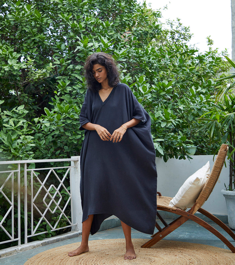Shadow Kaftan Lounge Wear by Khara Kapas in black for women Worldwide