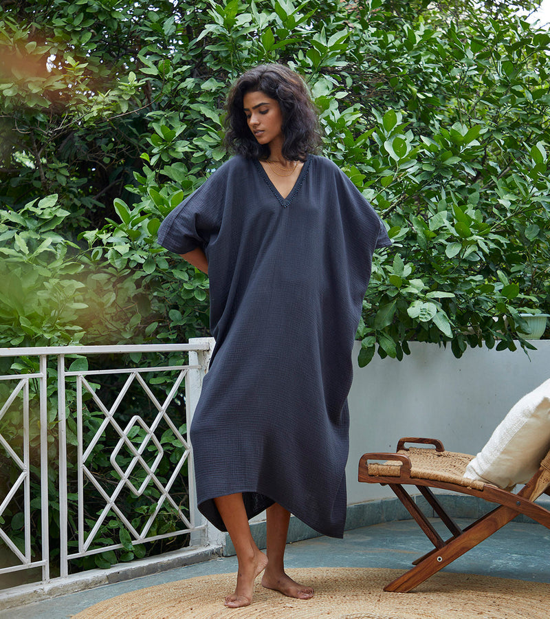 Shadow Kaftan Lounge Wear by Khara Kapas in black for women Worldwide