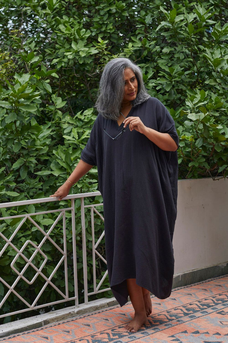 Shadow Kaftan Lounge Wear by Khara Kapas in black for women Worldwide