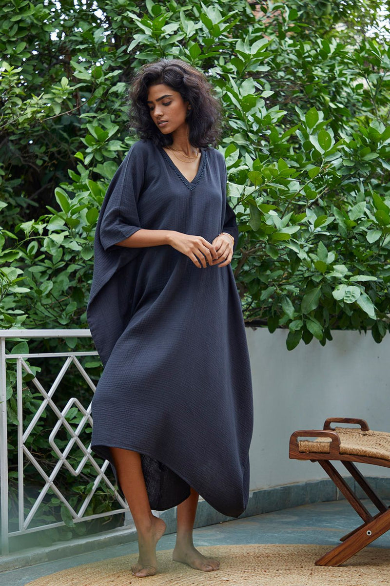 Shadow Kaftan Lounge Wear by Khara Kapas in black for women Worldwide