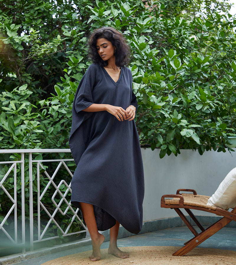 Shadow Kaftan Lounge Wear by Khara Kapas in black for women Worldwide