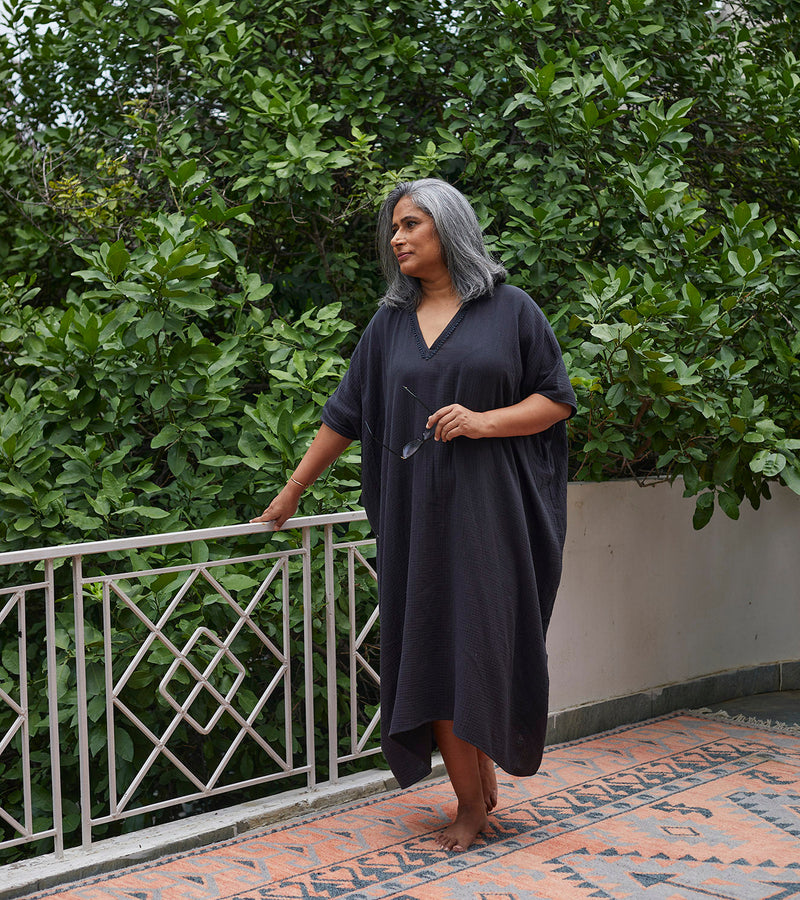 Shadow Kaftan Lounge Wear by Khara Kapas in black for women Worldwide
