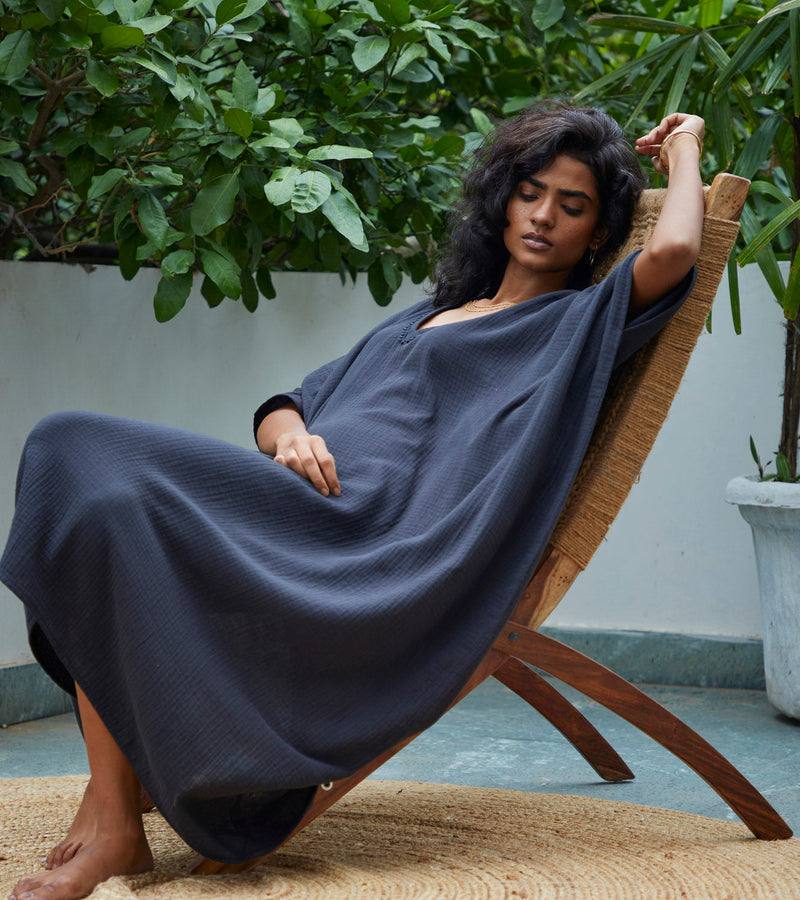 Shadow Kaftan Lounge Wear by Khara Kapas in black for women Worldwide