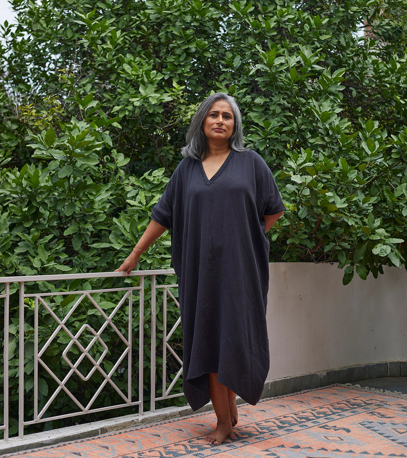 Shadow Kaftan Lounge Wear by Khara Kapas in black for women Worldwide