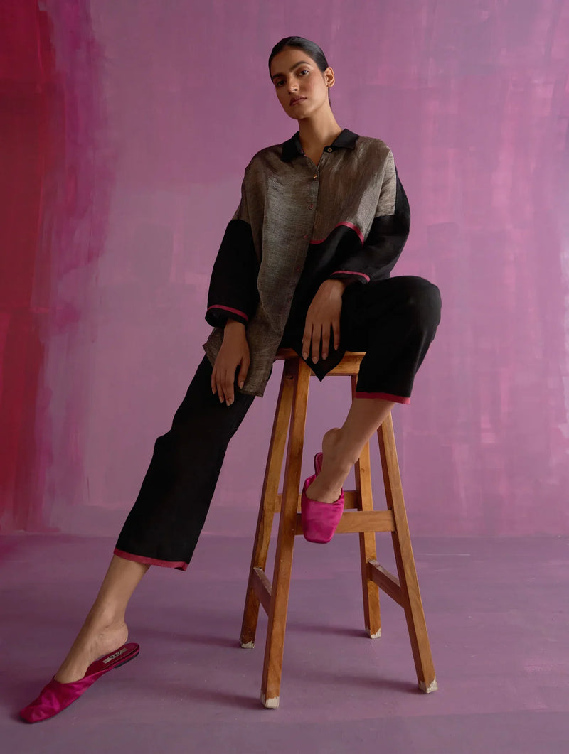 Ansa Tapered Linen Pant - Black by Manan in black color for women Worldwide