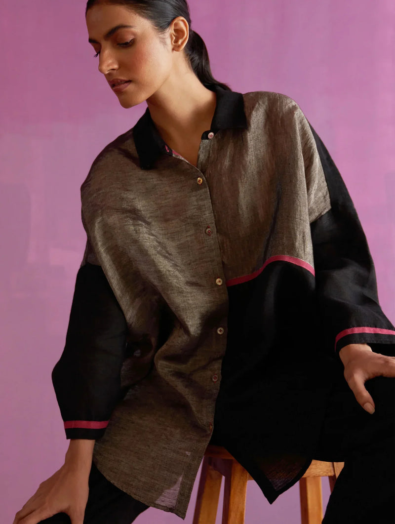 Zaha Metallic Linen Shirt - Black by Manan in black color for women Worldwide