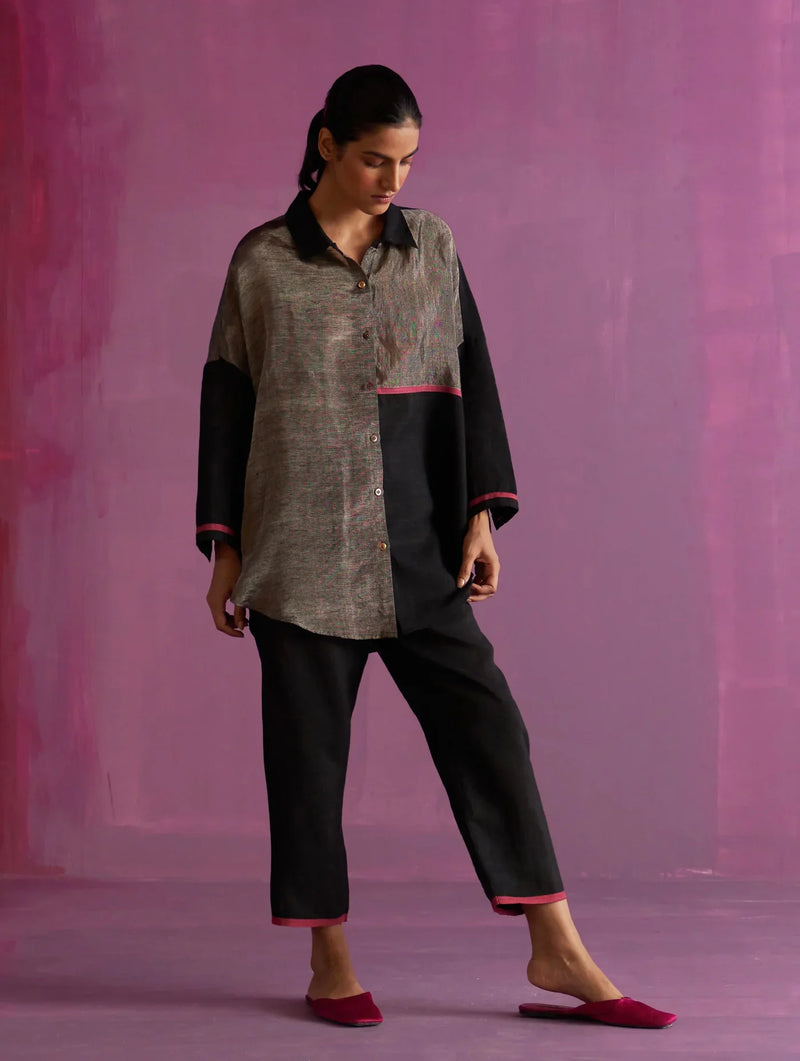 Zaha Metallic Linen Shirt - Black by Manan in black color for women Worldwide