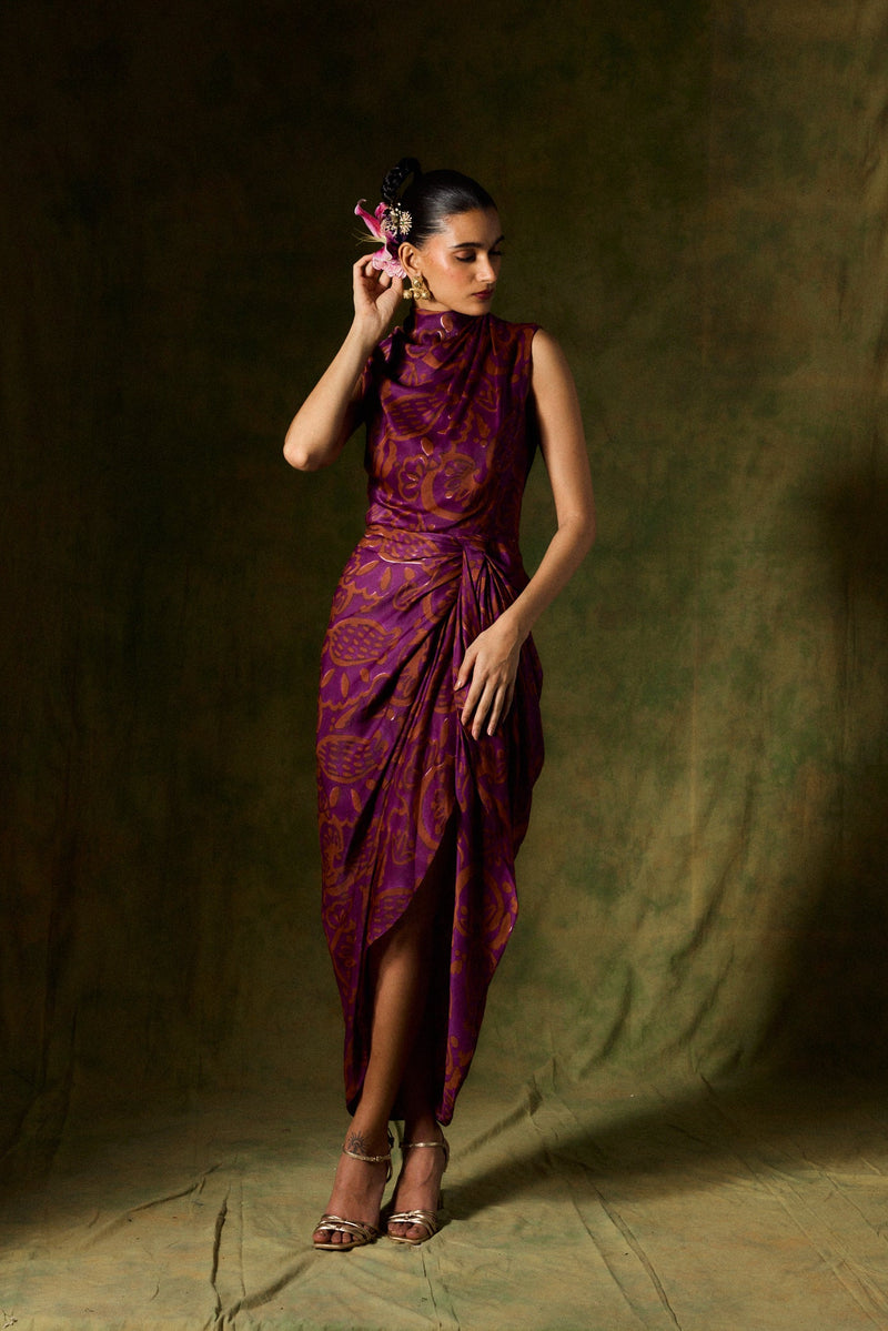 SAANJH SILK DRAPED DRESS satin by JodiLife for women Worldwide