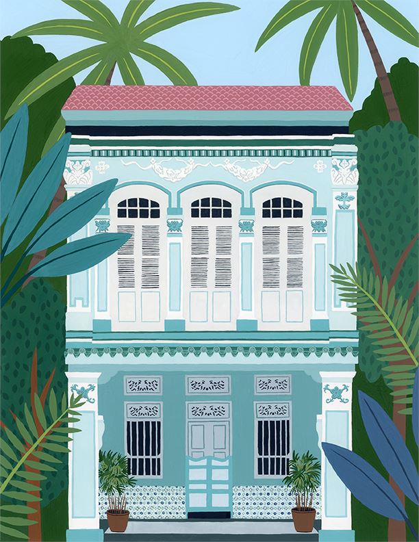 Singapore Shophouse Teal Fine Art Print Art Em+Co Art