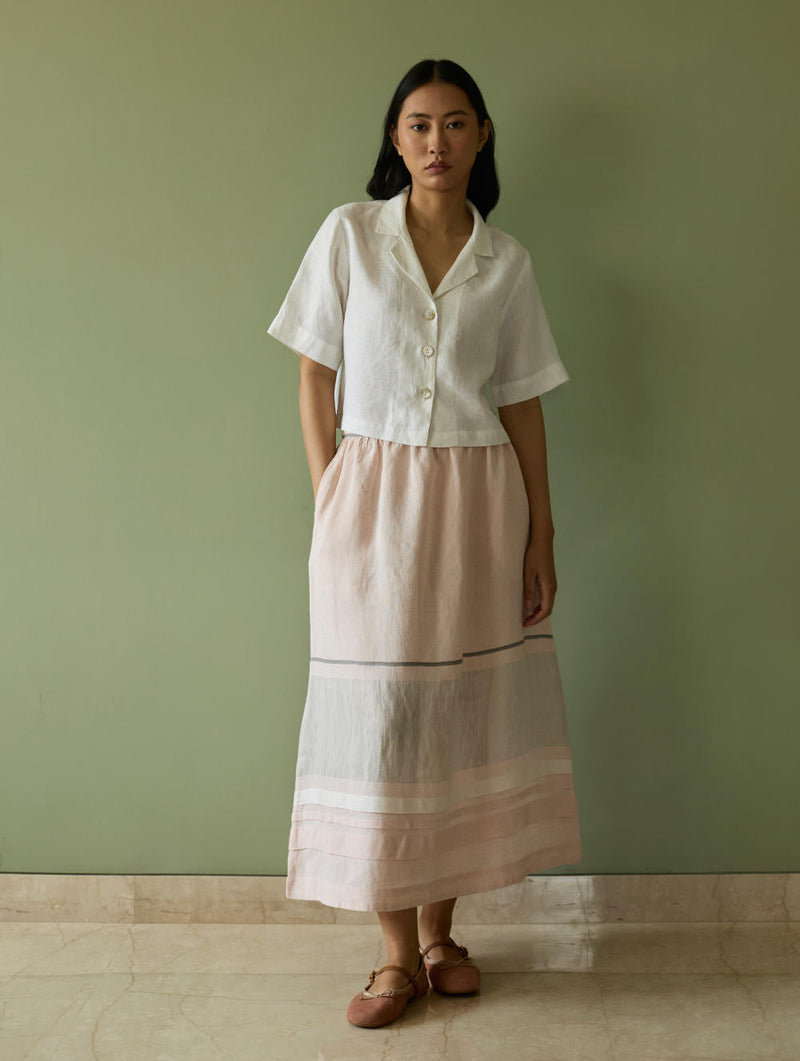 Ora Pleated Border Linen Skirt-Blush linen by Manan in blush color for women Worldwide